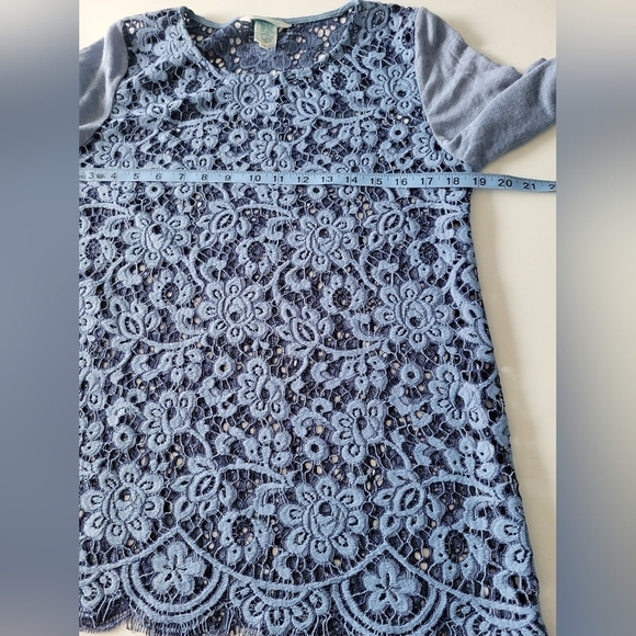 Sundance Linen Blend Lace Long Sleeve Top Blue M - Picture 3 of 7